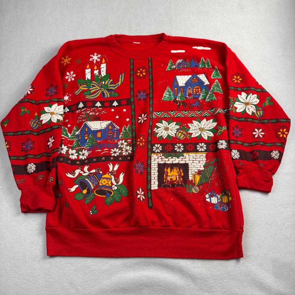 Vintage Red Oversized Christmas Graphic Sweatshirt Crewneck Holiday Winter Cabin